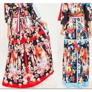 L’ATISTE Fox and Floral All-Over Print Pleated Red Blue Maxi Skirt Women's Small